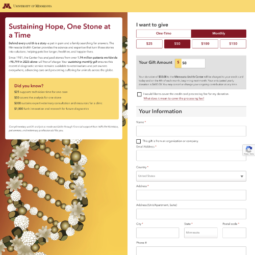 preview of the University of Minnesota's Urolith Center custom cart page